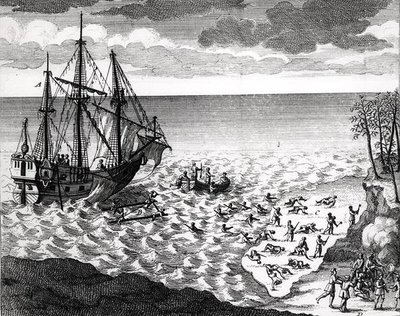 A part közelében elsüllyedő pelikán, Bacqueville de La Potherie (1663-1736) 1753-ban kiadott Histoire de lAmerique septentrionale című művéből. alkotó: French School