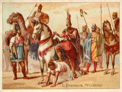 I. Shapur perzsa király az elfogott Valerianus római császárt használja lábzsámolyként, 260 körül (kromolito) alkotó: French School