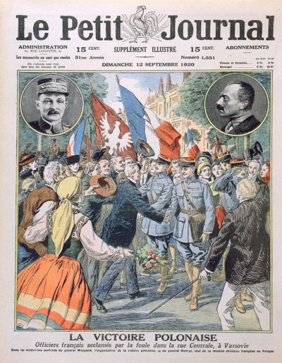 A lengyel győzelem, a francia tisztek elismerése a varsói Central Streeten, a Le Petit Journal címlapillusztrációja, 1920. szeptember 12. alkotó: French School