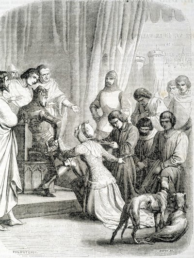 Anglia királynője (Philippa de Hainaut) köszönetet kér férjének, III. Edwardnak Calais lakóiért (a 6 calais-i burzsoá epizódja) alkotó: French School