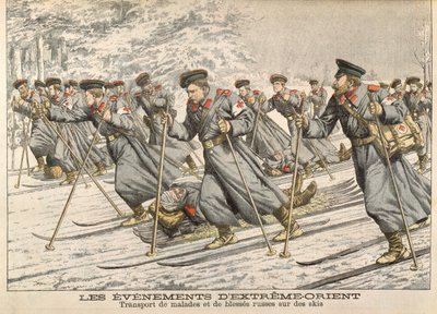 A Vöröskereszt, amely sérült oroszokat szállított síléceken az orosz-japán háborúban (1904-05) a Le Petit Journalból, 1904 körül alkotó: French School