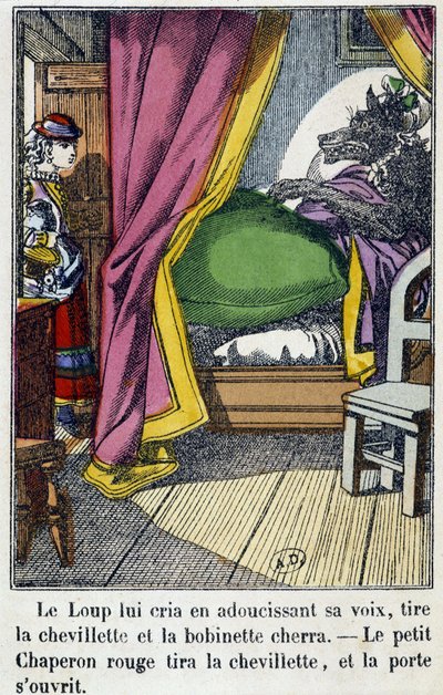 A Piroska belép abba a szobába, ahol a farkas átvette a nagymamája helyét – a „Piroska” című művében. Pellerin, Epinal, n.d. 19. alkotó: French School