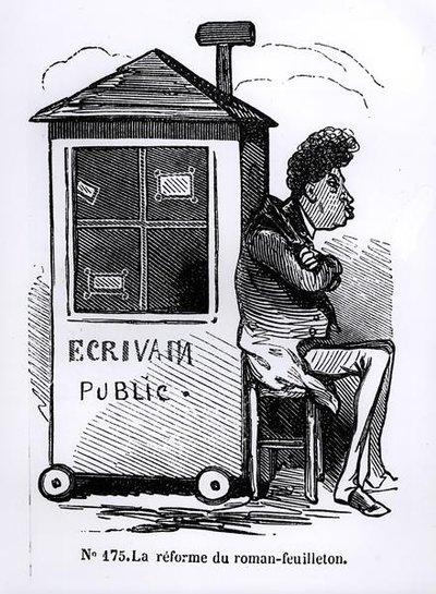 „A sorozatos regény reformja”, Dumas (1802-70) egy nyilvános levélírói kabinban, karikatúra a „Journees Illustrees”-ből alkotó: French School