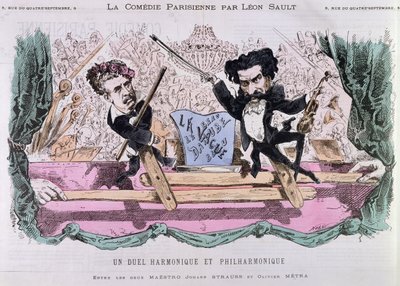 A keringők rivális zeneszerzői, Johann Strauss ifjabb (1825-99) és Olivier Metra (1830-89), 1870 körül alkotó: French School