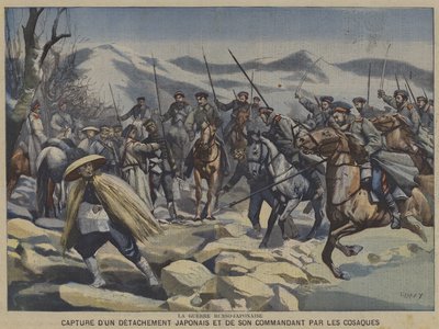 Az orosz-japán háború: egy japán különítményt és parancsnokukat a kozákok elfogták (színes litho) alkotó: French School