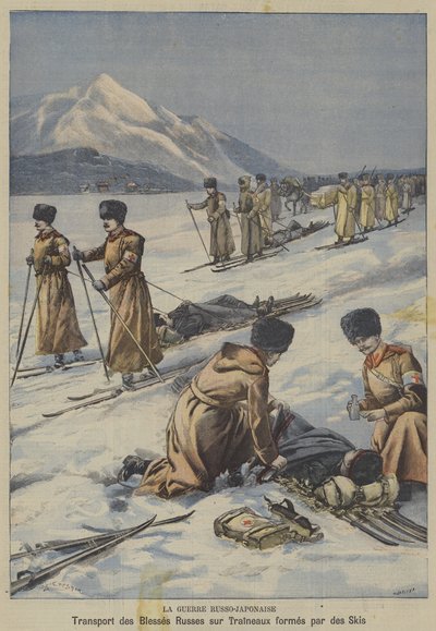 Az orosz-japán háború: sebesült orosz katonák szállítása sílécből készült szánkókon (színes litho) alkotó: French School