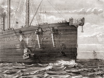 Az S.S Great Eastern egy bóját bocsát a tengerbe, hogy megjelölje egy elveszett transzatlanti távírókábel helyét alkotó: French School