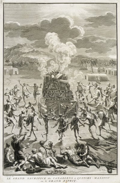 A kanadaiak áldozata Quitchi-Manitounak, vagy a Nagy Szellem, illusztráció a vallási szertartásokból és szokásokból, metszett: Bernard Picart (1673-1733) 1723 alkotó: French School