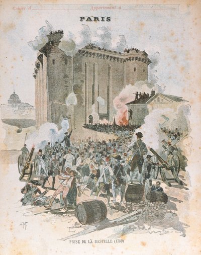 A Bastille ostroma és elfoglalása 1789. július 14-én, egy iskolai füzet borítójának illusztrációja, 1889 körül (színes litográfia). alkotó: French School