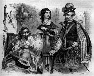 Miguel de Cervantes Saavedra (1547-1616) spanyol író 1614-ben otthon veszi körül feleségét és Lemos grófját. Metszet 1852-ből. alkotó: French School
