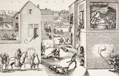 A Szent Bertalan napi mészárlás, 1572. augusztus, Paul Lacroix „Katonai és vallási élet a középkorban” című művéből, London 1880 körül. alkotó: French School