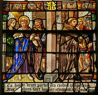 A Szent Lajos-ablak: Lajos vezeklést végez és alamizsnát ad a szerzeteseknek... alkotó: French School