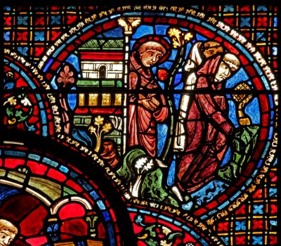 St Lubin ablaka: kimegy a templomból két szerzetessel (w45) alkotó: French School