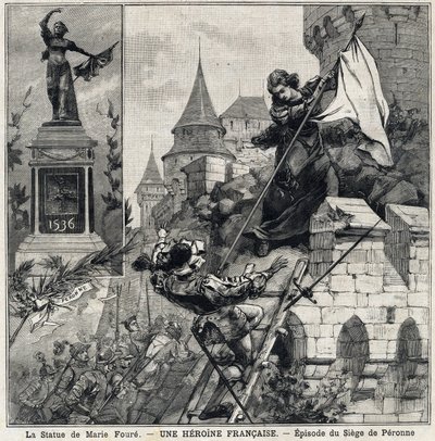 Marie Foure szobra (balra): Catherine de Poix, „Marie Foure” néven ismert (16. század), francia hősnő, aki 1536-ban védte Peronne városát V. Károly katonai csapatainak inváziója idején. A „Le Petit Parisien” című kötetben 1897.08.01. alkotó: French School