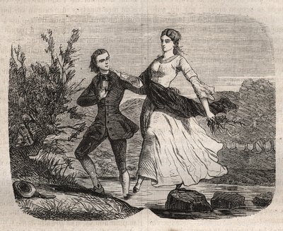Jean Jacques (Jean-Jacques) Rousseau (1712-1778) svájci filozófus segített Mademoiselle Galley-nak átkelni egy patakon. Metszet 1871-ből a "Histoire Des Cocus Celebres" könyvébe Henry de Kock (1819-1892). alkotó: French School