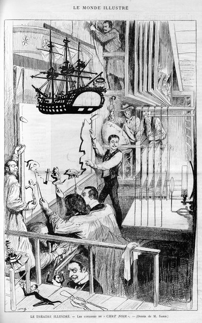 A Színház szemlélteti: a „Chat noir” kulisszái mögött. Metszet „Le monde illustrious”, „” 1888-ban. alkotó: French School