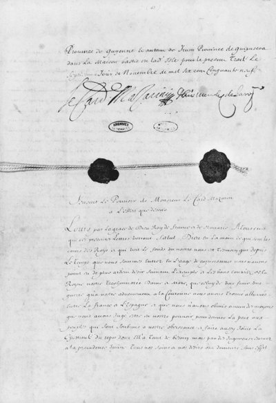 A pireneusi szerződés, amelyet Jules Mazarin (1602-61) bíboros és Don Luis Mendez de Haro (1598-1661) írt alá 1659. november 7-én alkotó: French School
