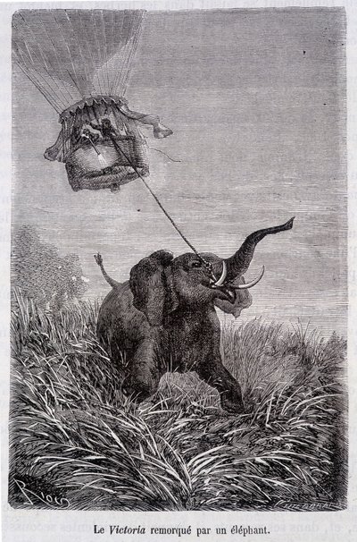 Az elefánt által vontatott Viktória – Jules Verne regényében: Öt hét léggömbben alkotó: French School