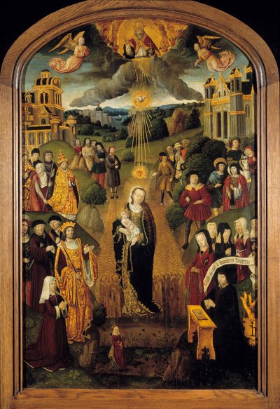 Jelen van a Szűz búzával XII. Lajos király (1462-1515) és VI. Sándor pápa (1431-1503). A Földgömböt tartó Mindenható Isten megáldotta a jelenetet, miközben a Szentlélek védelmezte a Szűzanyát és a Gyermeket. Festmény a 16. századi francia iskola fára alkotó: French School