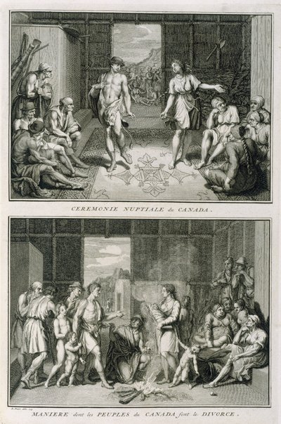 Az esküvői szertartás és a válás módja Kanadában, illusztráció a vallási szertartásokból és szokásokból, metszett: Bernard Picart (1673-1733) 1723 alkotó: French School