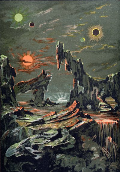 Négy hold és négy nap világa, az Astronomie Populaire illusztrációja, Camille Flammarion (1842-1925) 1881 alkotó: French School