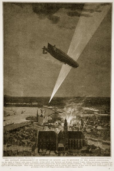 Antwerpen Zeppelin-bombázása 1914. augusztus 24-én a hágai egyezmény ellenére, 1914-1919 alkotó: French School