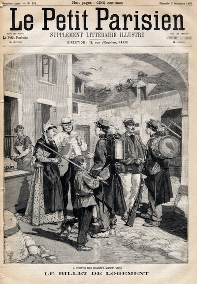 Az ágyra és gyertyára jogosító szállásjegyet gyakorlatok és nagy manőverek után osztják ki a katonáknak. A „Le petit Parisien” című újság egyike, 1893.09.03. (metszet) alkotó: French School