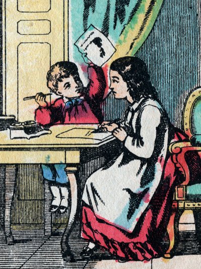 Tevékenységek jó családból származó lányoknak: segítünk egy kistestvérnek a házi feladatban - Epinal kép - 19. század (metszet) alkotó: French School