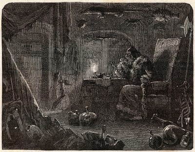 Az alkimista, aki megígérte, hogy aranyat készít, a laboratóriumában dolgozik: az alkimista a 17. században - Nicolas Jules Henri Gourdon de Kennouillac (1826-1898) „Paris a travers les cules”-ban. alkotó: French School