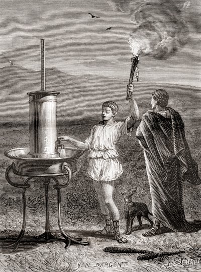 Az ókori görög hidraulikus szemaforrendszer, amelyet Aeneas használt üzenet küldésére, ie 4. században, a Les Merveilles de la Science-ből, 1870 körül megjelent (metszet) alkotó: French School