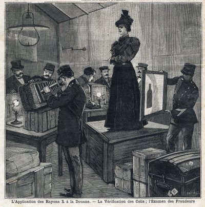 A röntgen (röntgen) alkalmazásának szokásai vannak: csomagok ellenőrzése és csalók vizsgálata. A „” Le Peute Parisien”-ben 1897.11.07. Magángyűjtemény alkotó: French School