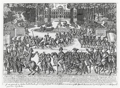 Mehmed Celebi Efendi, III. Ahmed török szultán nagykövetének érkezése a Tuileriákba, hogy XV. Lajos fogadja 1721-ben (metszet) alkotó: French School