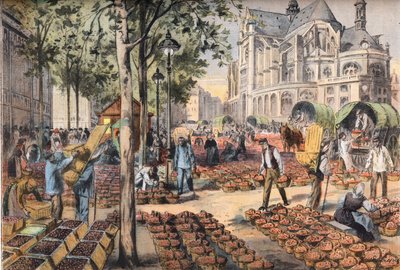 Szamóca érkezése a Szent Eustache-templom mögötti csarnokok csempére, a „Le Petit Parisien” újságból” alkotó: French School