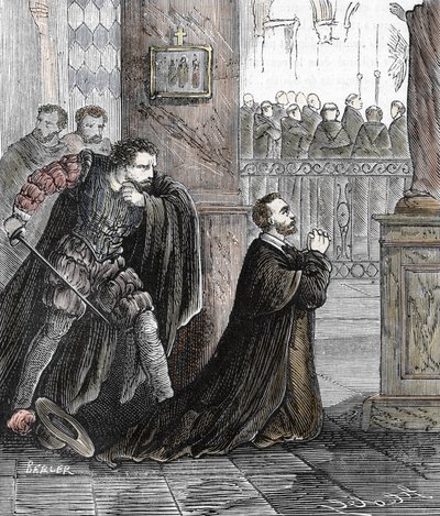 Pedro de Arbues (1441-1485) inkvizítor meggyilkolása 1485. 09. 17-én a spanyolországi Zaragoza katedrálisában (A spanyol inkvizíció tisztviselője, Pedro de Arbues meggyilkolta a zaragozai La Seo katedrálisban egy állítólagos összeesküvésben 1485-ben beszél alkotó: French School
