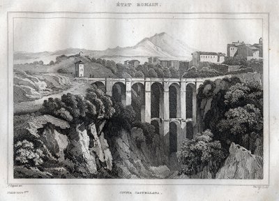 A hídnak kettős árkádjai vannak - CIVITA CASTELLANA - Viterbo tartomány - Olaszország - Metszet a „” Italy Festői” - Olaszország történelmi és leíró festményeiből” M. de Norvins, Ch. Nodier 1834-1836. alkotó: French School