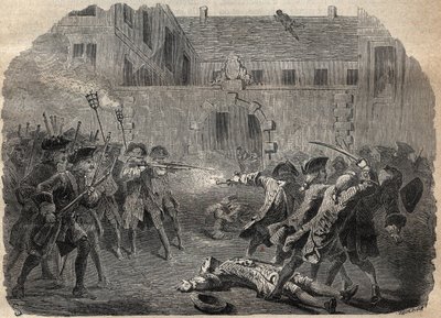 Louis Dominique Garthausen dit Cartridge brigand (1693-1721) és társai, akik a párizsi Hotel Desmaretz dezsuitázására készülnek, ádáz küzdelem után meglepődnek, és az íjászok megtámadják, a háztetőkön keresztül menekülnek - Louis Domini francia brigand alkotó: French School