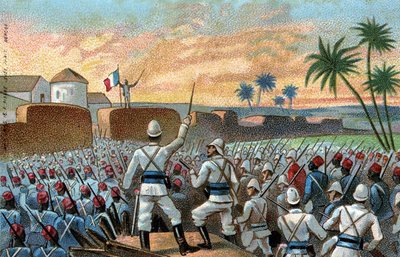 Abomey, Behanzin egykori fővárosa (ma Benin) elfoglalása a francia expedíciós erők által Alfred Amedee Dodds tábornok megbízásából (november 17. alkotó: French School