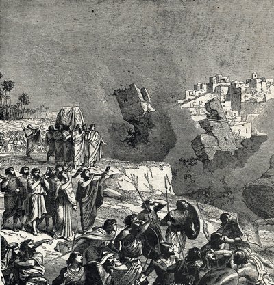 Jerikó elfoglalása, melynek során Izrael népe megszólaltatja trombitáit a város falai alatt, ahová tilos bejutni, Ce son fait fait les murs de la ville (Jerikói csata, az izraeliták első csatája a város meghódításában alkotó: French School