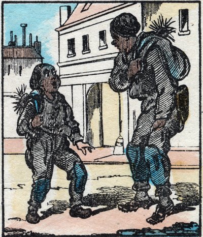 A kéményseprő. Metszet a „La chanson des metier”-ben. Epinális képalkotás, 19. század vége. Magángyűjtemény alkotó: French School