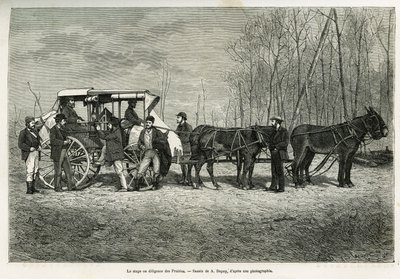 A préri lován való pálya vagy szorgalom, A. Dupuis rajza, hogy illusztrálja H. de Lamotte 1873-as kirándulásának történetét Kanadába és az északi vörös folyóhoz. Gravírozás a Le tour du monde-ban alkotó: French School