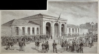 A tömeg a párizsi hullaház előtt 1886-ban. alkotó: French School