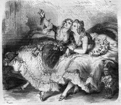 XV. Lajos francia király dit le Bien-Aime (Bien Aime) „háremjének” lányai (1710-1774). Metszet a „Pápák-királyok-királynők és császárok története az évszázadokon keresztül” című könyvébe, Maurice Lachatre alkotó: French School