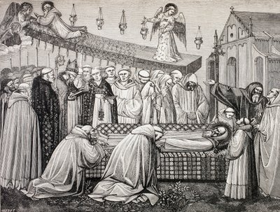 Nursiai Szent Benedek halála a Monte Cassino-i apátságban, Paul Lacroix „Katonai és vallási élet a középkorban” című művéből, London, 1880 körül. alkotó: French School