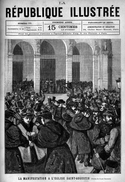 Tüntetés a párizsi Szent Ágoston (Saint-Augustine) templomban: heves a párizsi rendőrség és a Jules Ferry által hozott 1880. márciusi rendeletekkel szemben ellenséges tüntetők között, amelyek megvonták a jogosulatlan vallási gyülekezetek tanításának jogát. alkotó: French School