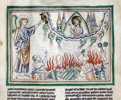A 13. századi francia iskola által megvilágított „Cambrai apokalipsziséből” vett Babylon Miniatűr pusztulása. Ms. 422. Városi Könyvtár, Cambrai alkotó: French School
