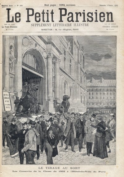 A sorsolás: az 1892-es osztály hadkötelesei a párizsi városházán. A „Le petit Parisien” című újság egyike, 1893.02.05. (metszet) alkotó: French School
