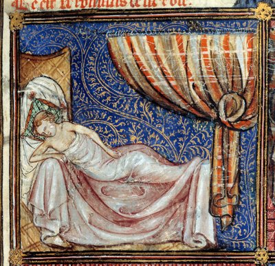 Az álom, részletek: Az alvó szerető. Miniatúra Jean de Meun, Jean de Meung vagy Jean Chopinel, Jean Clopinel (v. 1240-1305) "Le Roman de la rose" című művében, 1370 körül. Chantilly, Musee Conde alkotó: French School