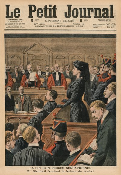 Egy szenzációs per vége, Marguerite Steinheil az ítéletet hallgatja, a „Le Petit Journal” első borítójának illusztrációja, mellékelt illusztráció, 1909. november 21. alkotó: French School