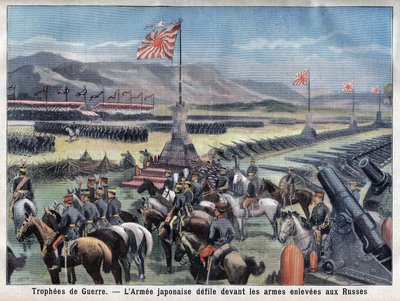 A japán orosz konfliktus vége, Japán győztes hadserege az orosz fegyverkezés előtt ül a „Le Petit Parisien”-ben, 1906.06.24-én (metszet) alkotó: French School