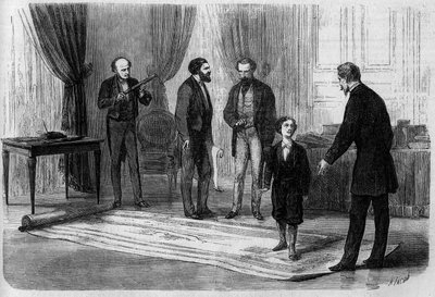 Boutet mérnök fia, császári herceg (1856-1879) jelenlétében bemutatta a Franciaország és Anglia közötti vasúti híd tervét III. Napóleon császárnak (1808-1873). alkotó: French School